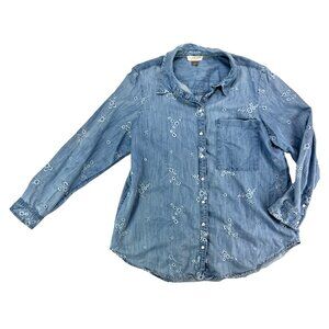 Pilcro Anthropologie Pearl Snap Embroidered Chambray Long Sleeve Shirt Size XL